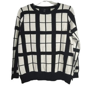 Twenty One XXI White Black Windowpane Plaid Sweater Women Size L Long Sleeve